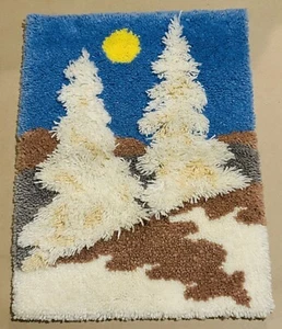Vintage Latch Hook 1970s Snowy Trees Sunset Mountains Rug Wall Hanging MCM 27x20 - Picture 1 of 5