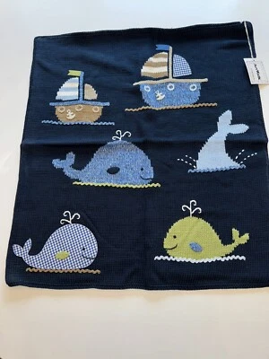 New Art Walk Nursery Baby Blanket Knit Boats Nieman Marcus Whales Sailboats - Image 1 of 4
