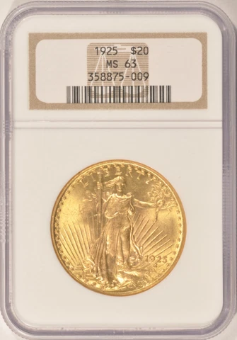 1925 $20 Saint Gaudens Gold Double Eagle NGC MS63 Pre-1933 Gold Cover
