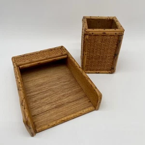 Vintage Retro Boho Bamboo Rattan Letter Holder Organizer Pen Caddy Set - Picture 1 of 17