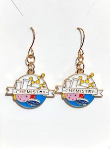 CHEMISTRY THEAMED STEM TEACHER Goldtone Enamel Dangle Earrings – Handcrafted - Picture 1 of 1