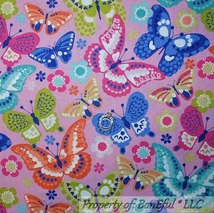 BonEful Fabric FQ Cotton Quilt Pink Aqua Blue White BUTTERFLY Purple Flower Dot - Picture 1 of 12