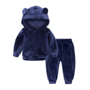 Baby Velvet Sweatsuit Hooded Fleece Pullover and Pants Outfit for Boys Girls - Picture 1 of 5