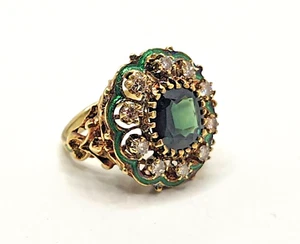 Green Zircon, Diamond Halo & Enamel Scroll Fleur-de-Lis 14k Gold Cocktail Ring - Picture 1 of 16