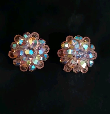 Pendientes vintage con cuentas de cristal rosa clip años 40 elegancia retro sin firmar Foto 1 de 4