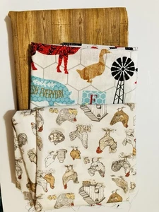 Lot of 3 Cotton Fabric Larger Scraps Chickens Farm Wood Grain Lot #1 - Picture 1 of 4