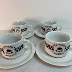Espresso Cappuccino Cup Saucer Set of 4 Porcelain Black White - Picture 1 of 12