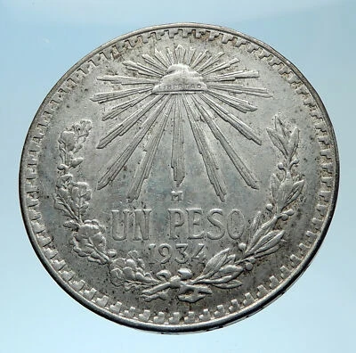 1934 M MEXICO Large Eagle Liberty Cap Mexican Antique Silver 1 Peso Coin i77981 - Image 1 of 3
