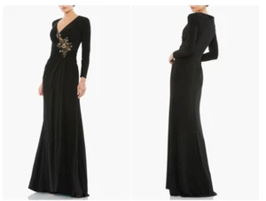 MAC DUGGAL 67848 ABITO NERO FINTO AVVOLGENTE MANICA LUNGA CON DETTAGLIO APPLIQUE tg 8 - Foto 1 di 7