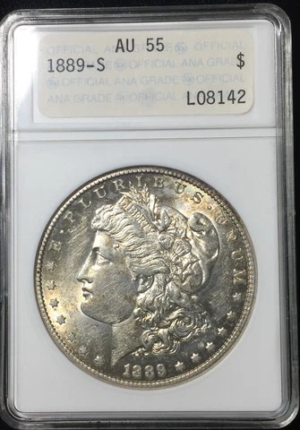 1889-S ANACS ANA AU55 MORGAN Silver Dollar SOAPBOX HOLDER GOLDEN TONING #142 Cover