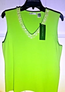 Laura Ashley Sleeveless Stretch Top Sea Green Beaded V-Neck Tank Women's Large - Picture 1 of 3