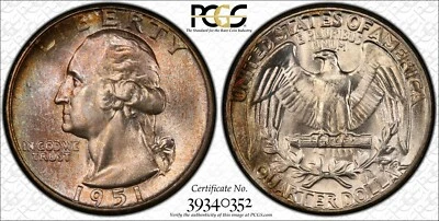 1951 Washington Quarter Certified PCGS MS67+ Sharp CAC Silver - Image 1 of 4