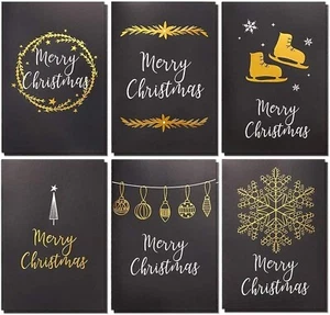 36 Pack Christmas Card Box Set w/ Envelopes Black Gold Foil 6 Different Designs - Picture 1 of 4