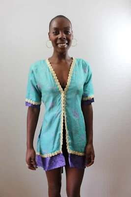 vintage light turquoise & purple silk-blend robe or coverup, with boho print - Image 1 of 4