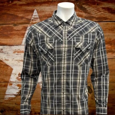 Camisa BKE Hebilla Negra Marrón Blanca Cuadros Western Manga Larga Negra Perla a Presión LG Foto 1 de 4