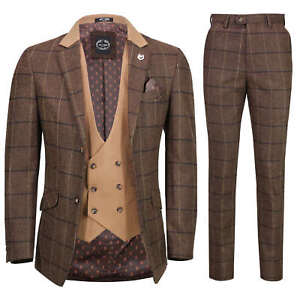 Mens Classic 3 Piece Tweed Suit Herringbone Brown Check Retro Smart Tailored Fit