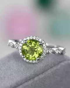 3Ct Round Cut Lab Created Peridot Women's Engagement Ring 14Ksilver Gold Over - Picture 1 of 5