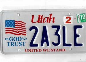 UTAH passenger 2019 license plate "2A3LE" ***IN GOD WE TRUST*** - Picture 1 of 1
