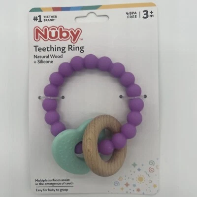 New Nuby Natural Baby Teether- Silicone Heart & Ring- Wooden Circle Free Ship! - Image 1 of 2