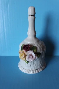 PORCELAIN ITALY BELL FLORAL DECOR MILK WHITE GOLD TRIM PINK RED YELLOW FLOWERS - Picture 1 of 10
