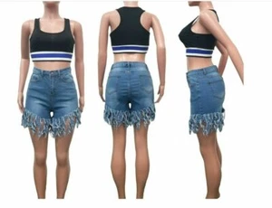 USA Women Summer Tassel Hem Sanding High Waist Short Jeans Denim Short Pants - Picture 1 of 16