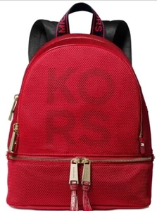 Used Michael Kors Rhea Zip Backpack Logo front polyester Bag bright red gold - Picture 1 of 4