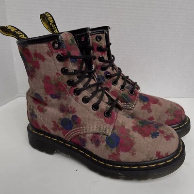 Dr. Martens Castel Floral Canvas Boots Lace Up Women 5 Cottage Core Chunky Tan - Image 1 of 4