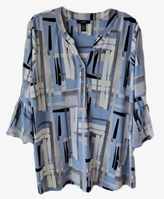 Alfani Woman Macys Popover Tunic Plus 1X Blue Gray Geometric 3/4 Bell Sleeve - Image 1 of 4