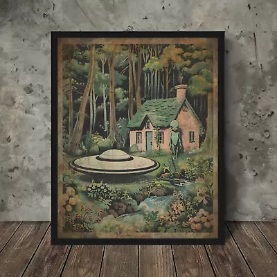 Vintage UFO ALIEN Wall Art, Sci-fi Nature Forest Poster, UAP Cabin Flower Decor - Image 1 of 4
