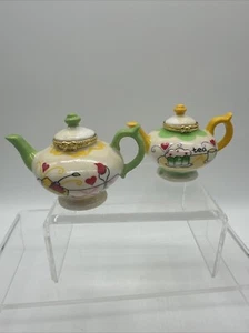 Vintage Teekanne Schmuckkästchen gelb & grün Griff aufklappbar Andenken 2er Set - Bild 1 von 11