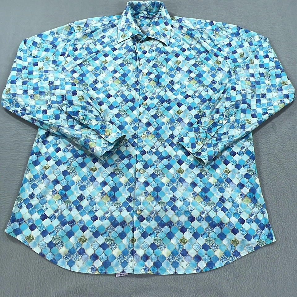 Camisa Coton Doux Para Hombre 17 Azul Estampado Geométrico Manga Larga Botón Delantero Foto 1 de 4