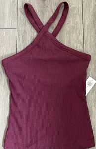 Camiseta sin mangas halter cuello cruzado azul marino antiguo para mujer talla XS borgoña acanalada nueva con etiquetas - Imagen 1 de 4