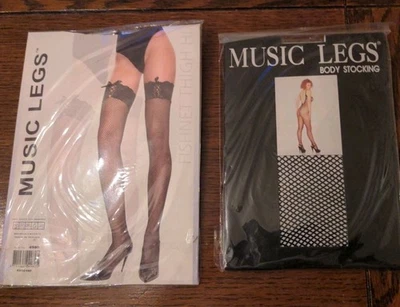 New 2 Pair Music Legs Body Stocking Fishnet & Thigh High Fishnet w/Adj Lace Top  - Image 1 of 4