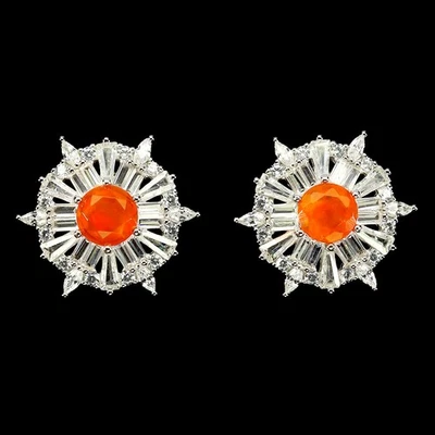 925 Sterling Silver Earrings Round Orange Opal 6mm Natural Gemstone Jewelry - Image 1 of 4