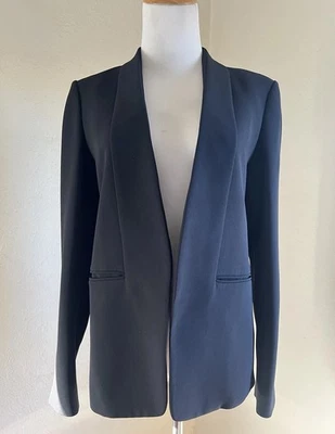 $425 THEORY Seeka Modern Crepe Black Open Front Blazer Staple Jacket 4 - Image 1 of 4