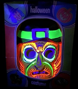 RARA maschera strega Halloween anni 60 bagliore nel buio e scatola vintage con ottima grafica! - Foto 1 di 16