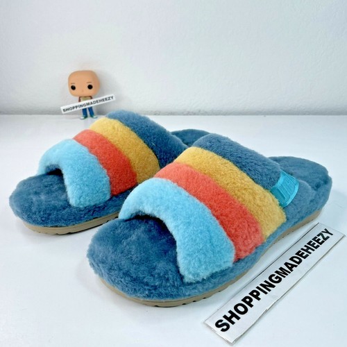 [US 10] UGG FLUFF YOU Marina blu multicolore pelle di pecora peluche slide