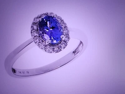 Designer 14K Solid White Gold Tanzanite & Diamond Halo Ring Size 8 HSN NWOT - Image 1 of 4