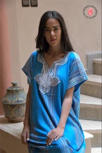 Handmade Moroccan blue kaftan with multi coloured stripes - Picture 1 of 2