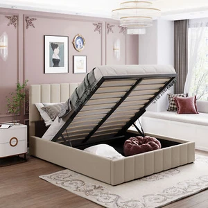 Queen Size Linen Upholstered Bed Frame +Headboard Hydraulic Storage System Beige - Picture 1 of 9