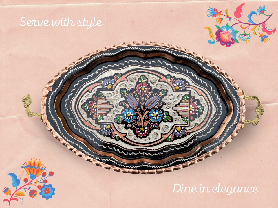 Elegant Handmade Copper Serving Tray with Engraved Floral Motifs - Image 1 of 1