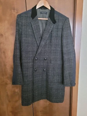 Rag & Bone Wool Overcoat Size 40 Grey PLAID with BLACK COLLAR HARRIS TWEED  - Image 1 of 4