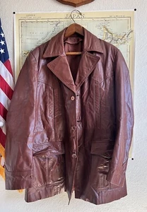 VINTAGE 1970'S LONG BURGUNDY LEATHER JACKET SIZE 40R. Tyler Durden - Picture 1 of 15