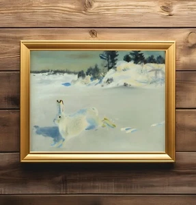 White Hare in Snow Rustic Winter Painting Antique White Rabbit Wall Art Print - Picture 1 of 3