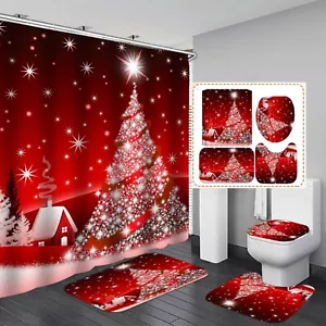 Bathroom 4pcs Christmas Shower Curtain Set w/Non-Slip Rugs and Toilet Lid Cover - Picture 1 of 8