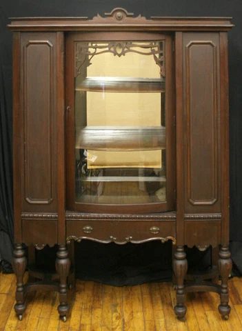 Antique Vintage Wood Wooden Bowed Glass Curio China Cabinet Server Breakfront Cover