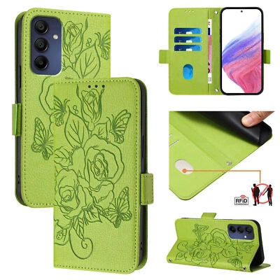 Green Leather Rose Wallet Phone Case For Xiaomi Redmi POCO OPPO VIVO Nokia Sony - Image 1 of 4