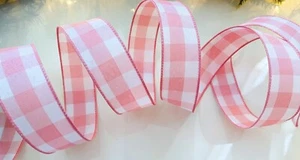 5 YARDS PINK & WHITE CHECK PRINT WIRE EDGE RIBBON 1 1/2" Wide - Picture 1 of 2