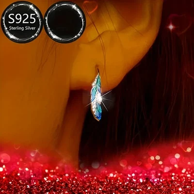 Pendientes de gancho de circonita cúbica blanca pluma de plata de ley 925 en caja de regalo Foto 1 de 4