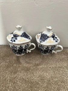 Vintage Nantucket Home Porcelain Covered Blue White Gold Teacup Set No Saucer - Picture 1 of 9